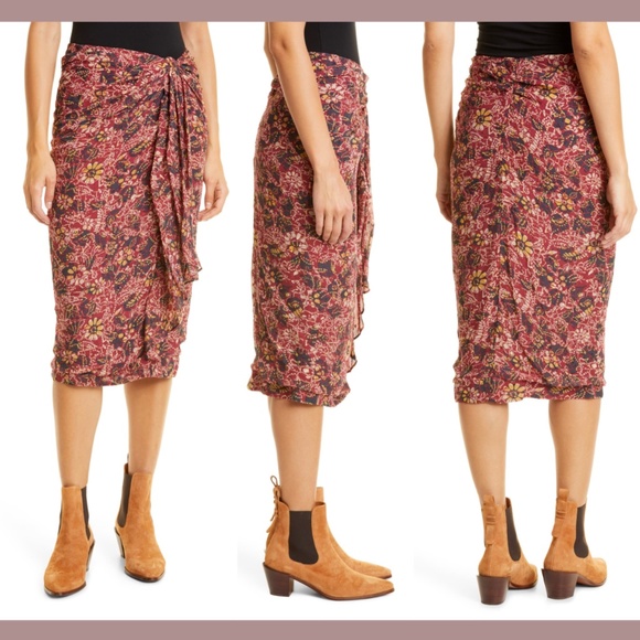 NWT BA&SH [ 0 ] Galia Jupe Side Tie Skirt in Bordeaux‎ Floral
